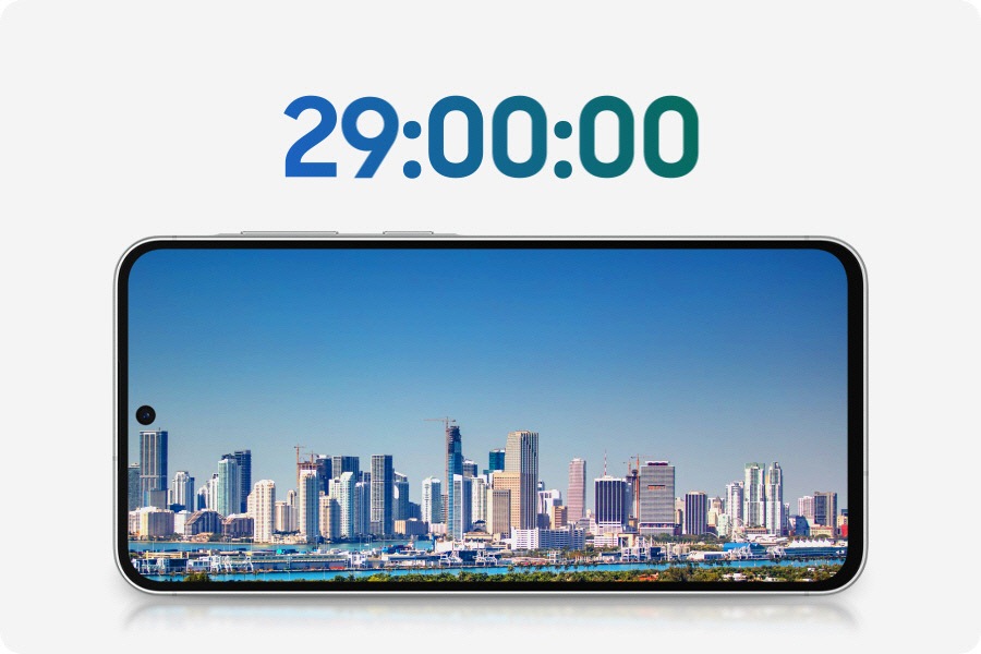 El Galaxy A56 5G se puede ver con una vista de un río y edificios altos en pantalla. La vista cambia según la puesta y la salida del sol durante dos días, con un número y miliamperios-hora sobre el smartphone. El número sube hasta 29:00:00 para indicar la duración de la batería.