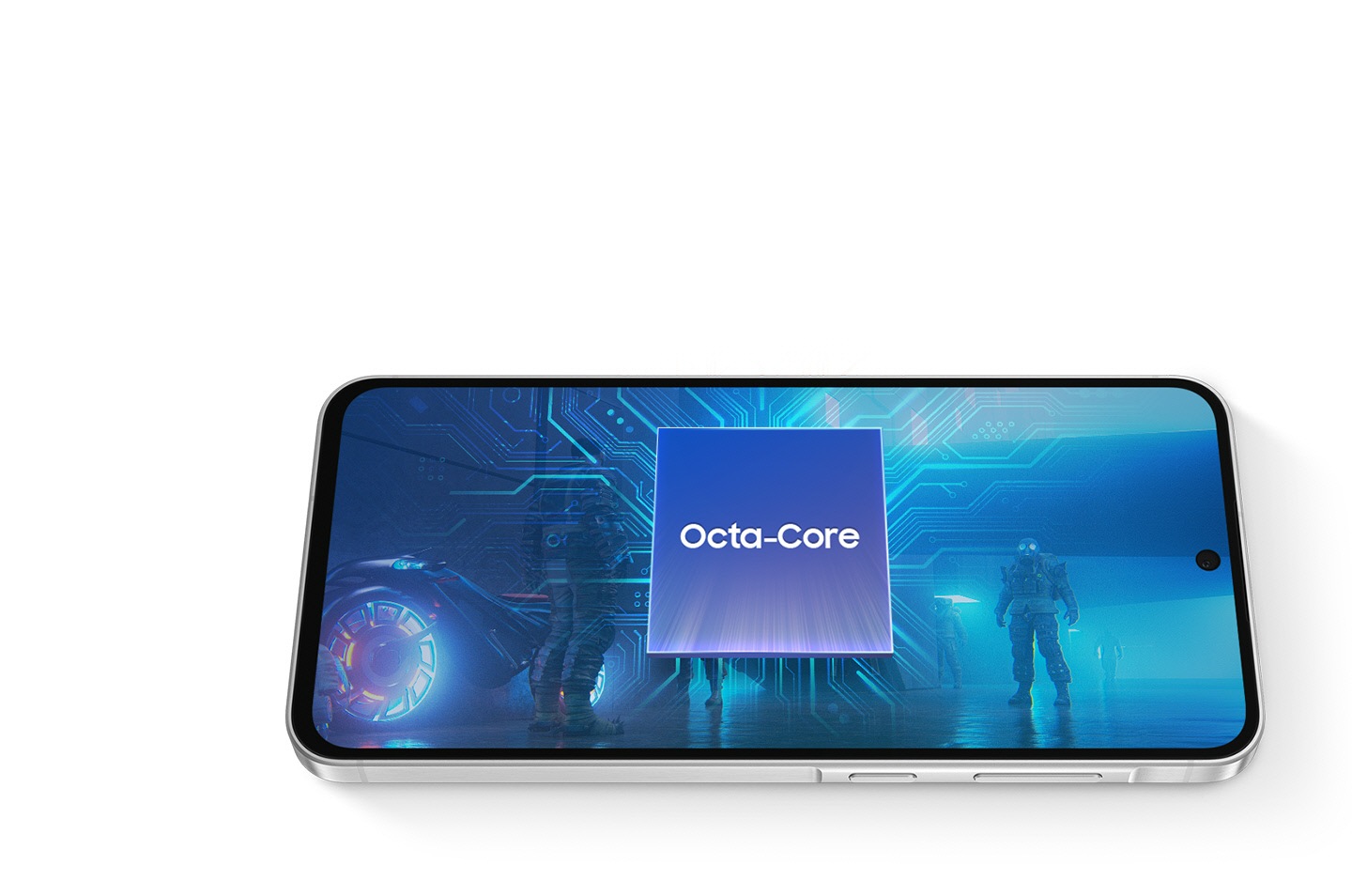 Galaxy A56 5G en posición horizontal. Un cuadrado sobre la pantalla con el texto "Octa-Core" indica el procesador. Se ve una escena futurista en pantalla.