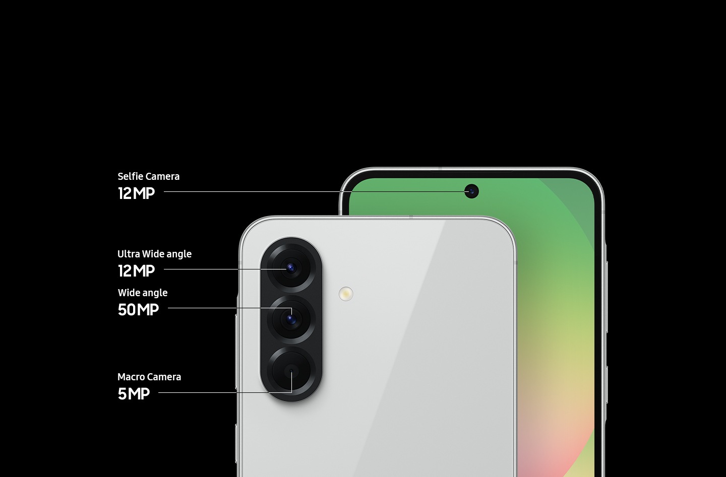 Dos dispositivos Galaxy A56 5G. El frontal se ve desde atrás, ligeramente superpuesto al anterior. Muestra las tres cámaras en primer plano, cada una con el texto correspondiente: Ultra gran angular de 12 megapíxeles, Gran angular de 50 megapíxeles y Cámara macro de 5 megapíxeles. El posterior se ve desde adelante, mostrando la cámara frontal con el texto correspondiente: Cámara selfie de 12 megapíxeles.