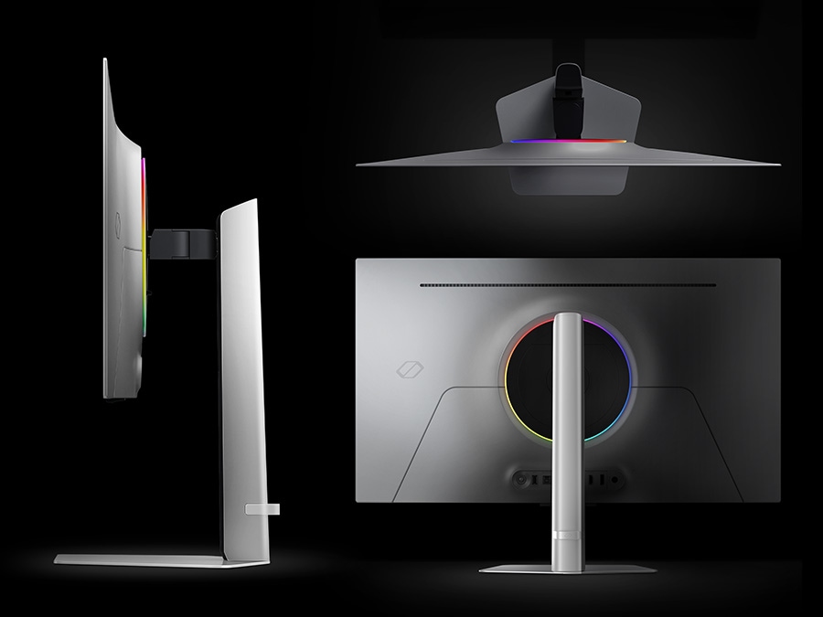A side view of a detached monitor and stand, a bird view of the monitor and a full view of the back panel.