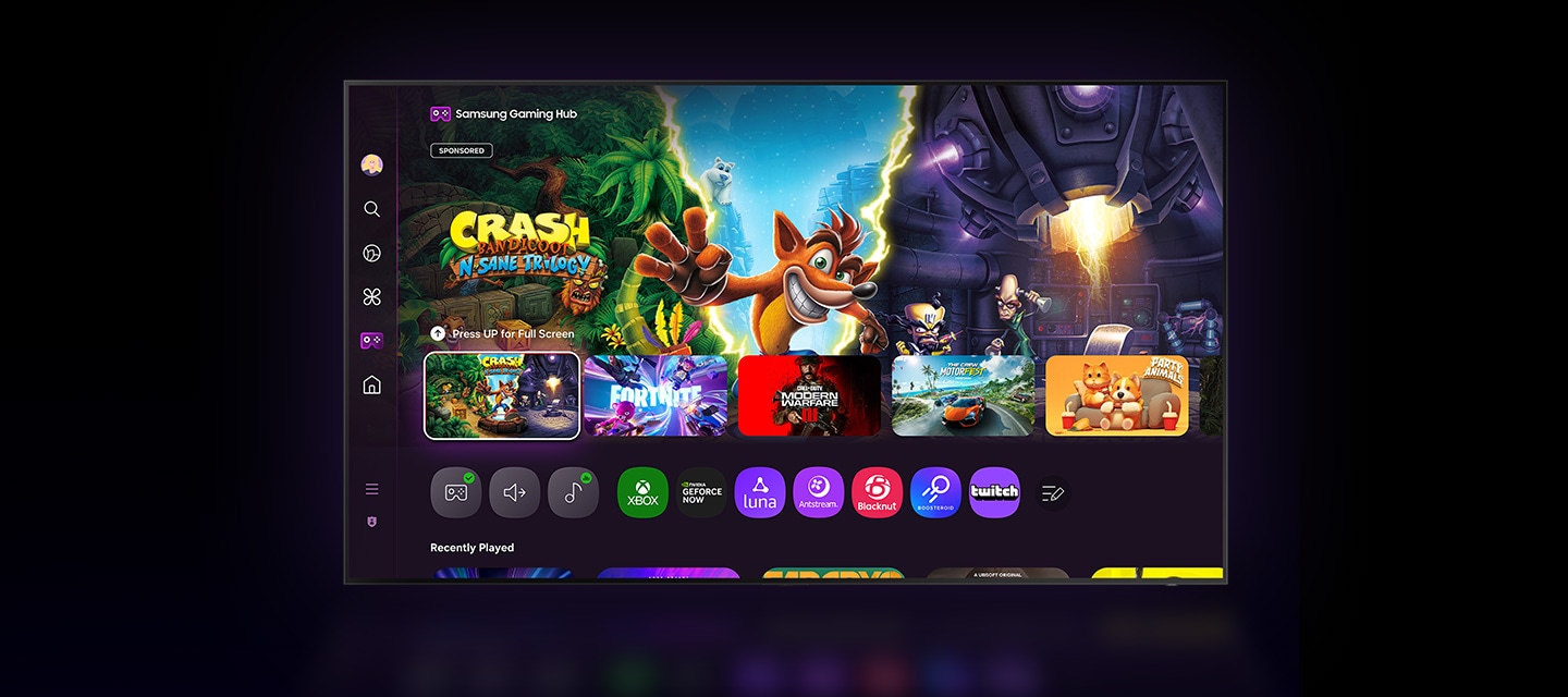 На телевизоре отображается главный экран Samsung Gaming Hub, на котором можно транслировать видео и играть в игры.