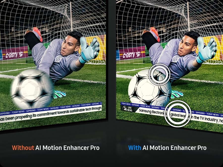 Вратарь ловит футбольный мяч. Без AI Motion Enhancer Pro мяч и текст размыты. С AI Motion Enhancer Pro они четкие