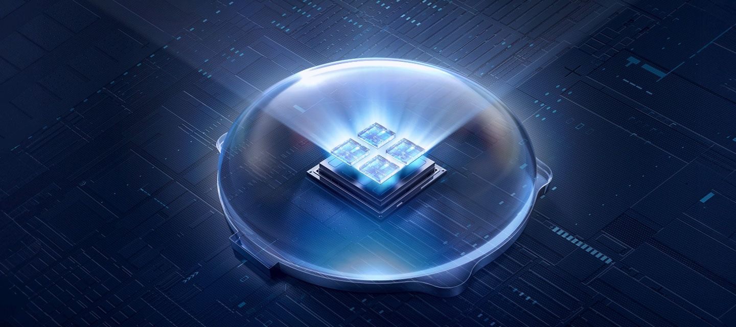 Inside a clear dome, four Mini LEDs are on display. The LEDs pop up and glow blue, emitting a beam of light that shines through the dome.