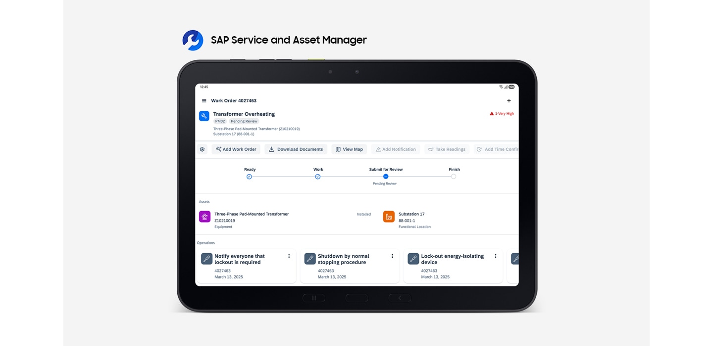Galaxy Tab Active5 Pro is facing forward, displaying an SAP service dashboard with information on ongoing projects, asset management and operational progress. An SAP Service and Asset Manager apps logo in the top left corner.