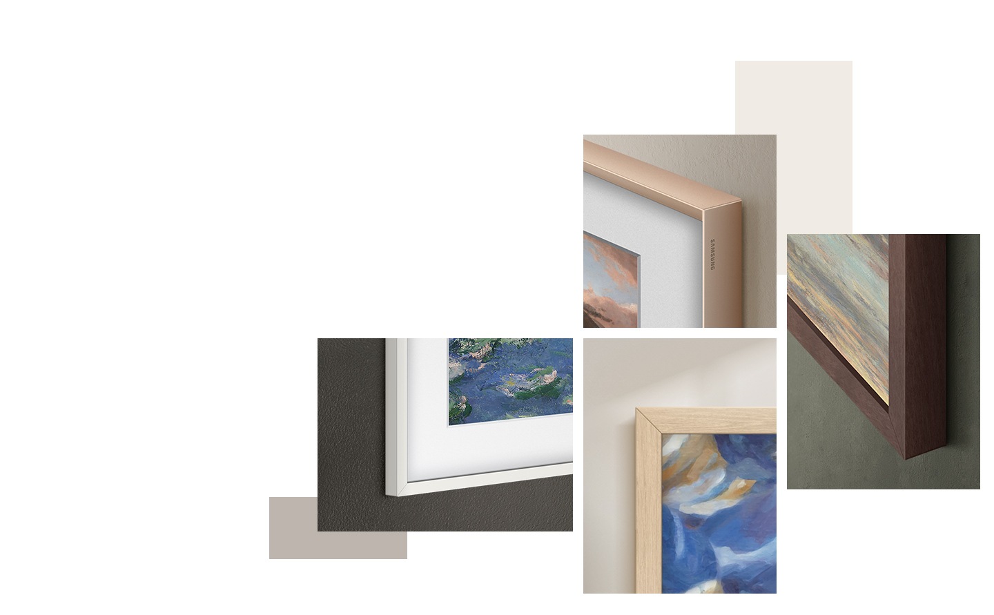 Close-ups of The Frame TV's customizable bezels in different colors.