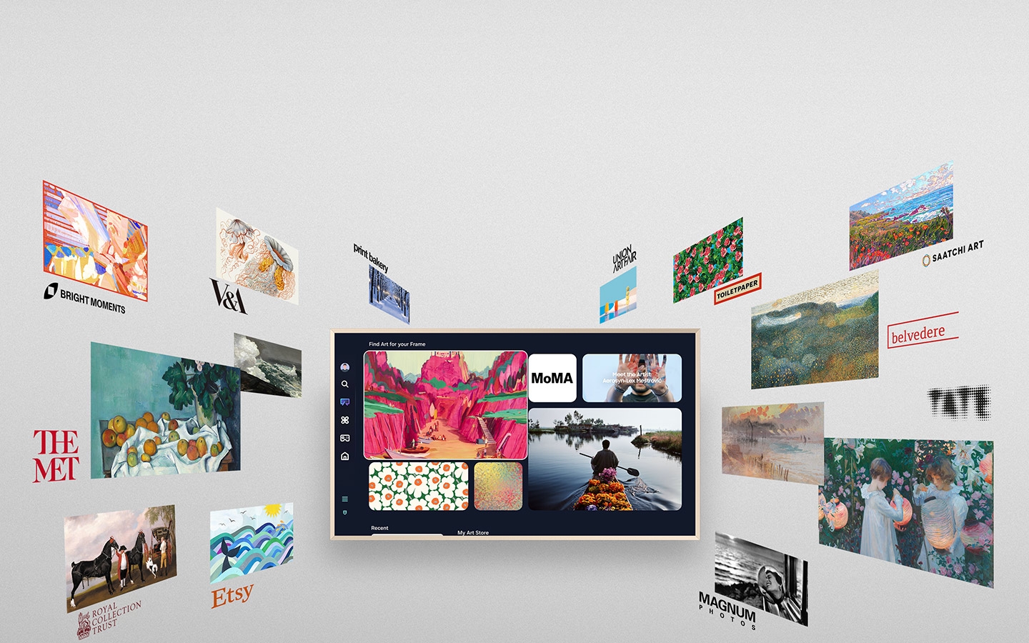 The Frame displays artwork available on Art Store. Around it other artwork from famous museums and galleries appear to move toward and be sucked into the TV. Logos of Bright Moments, V&A, The Met, Etsy, print bakery, Magnum Photos, Royal Collection Trust, MoMA, Union Art Fair, Toiletpaper, Saatchi Art, belvedere, Tate.