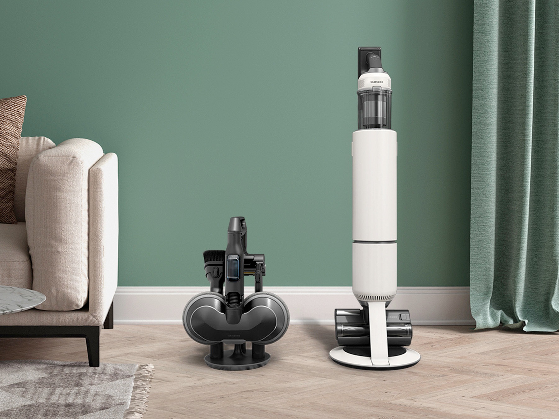 The Accessory Cradle and Clean Station are standing next to a clean green wall and a beige sofa.