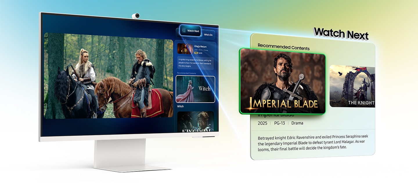 Monitor displays a scene of two characters riding a horse and Click to Search page on the right. Watch Next tab shows Imperial Blade preview image under Recommended Contents. Relevant details of content are shown.