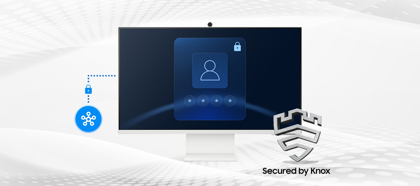 SmartThings links to the monitor. Monitor shows a secure login screen. Secured by Knox logo.