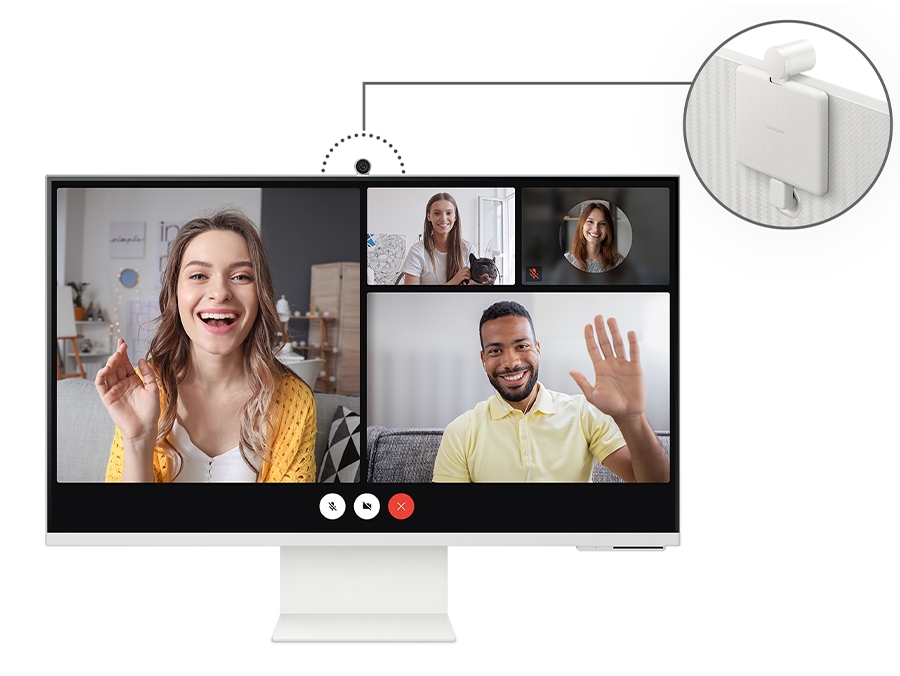 There is a conference call on a monitor. And on the monitor, there is a camera attached. A close-up of the camera is shown.