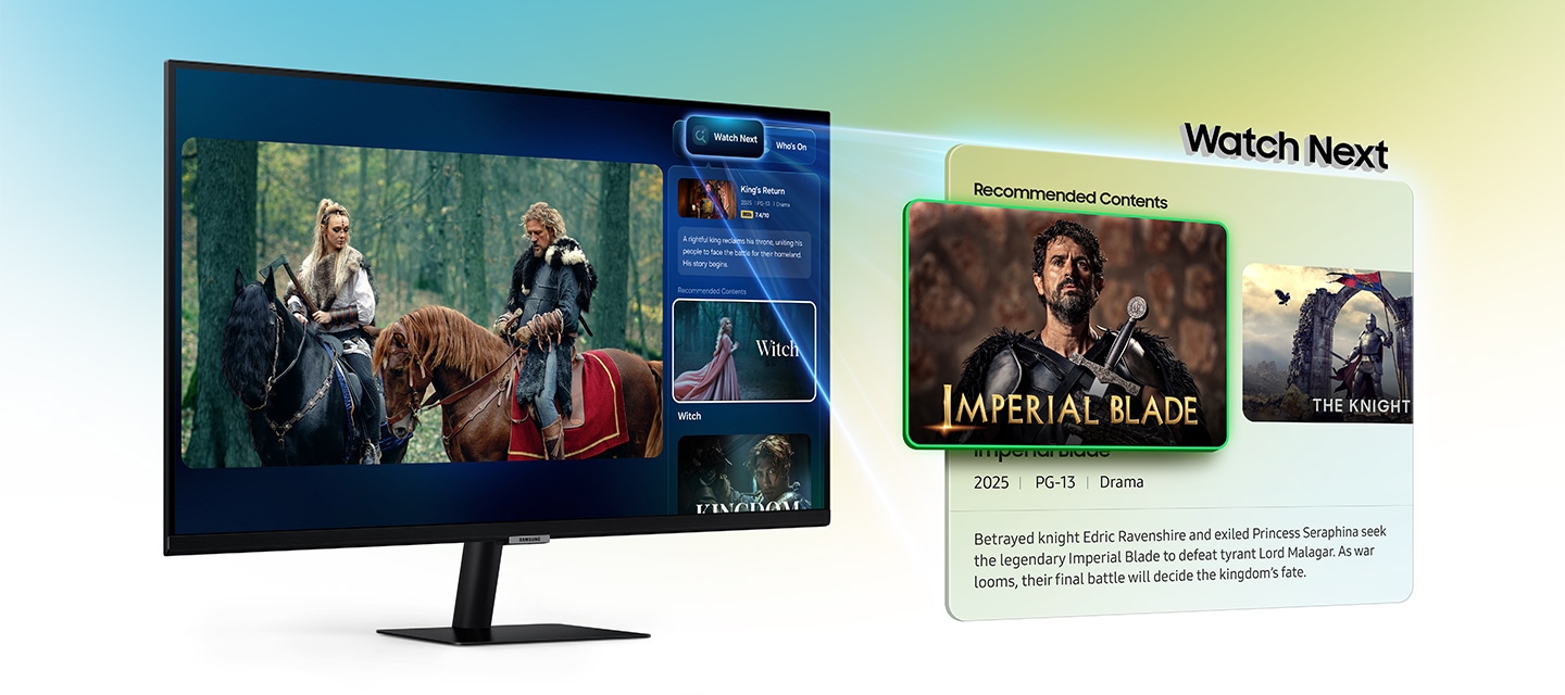 Monitor displays a scene of two characters riding a horse and Click to Search page on the right. Watch Next tab shows Imperial Blade preview image under Recommended Contents. Relevant details of content are shown.