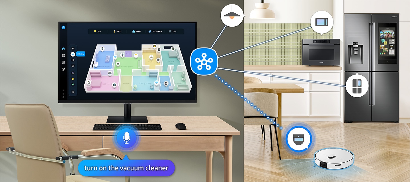A monitor shows 3D Map View of home devices. Microwave, refrigerator and vacuum cleaner connected to SmartThings icon. Microphone icon with dialogue bubble reading 