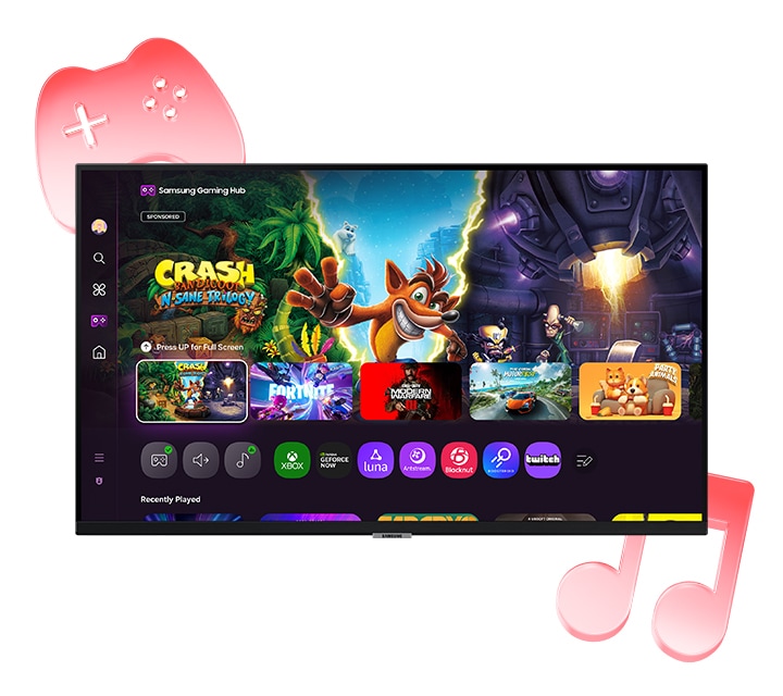 A gaming hub is displayed on the monitor screen.