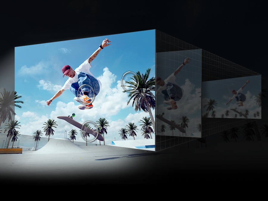 A man is dynamically skating against a blue sky, and the process of upscaling to 4K resolution in three steps is being shown.