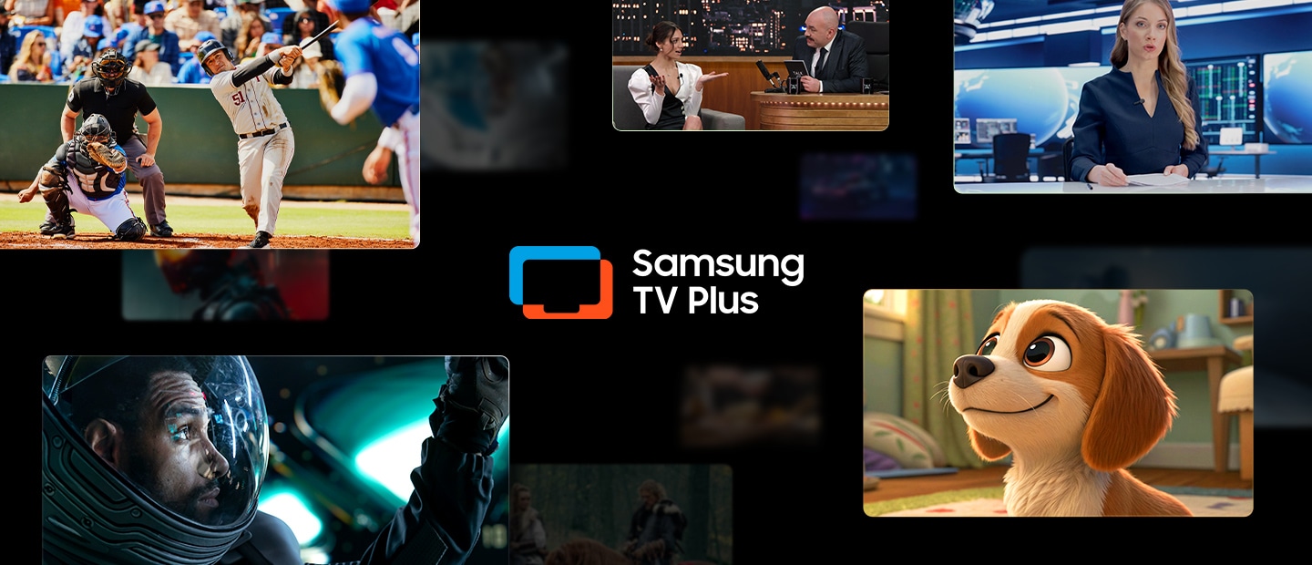 Samsung TV Plus logo in the center. Scenes from different content surround the logo.