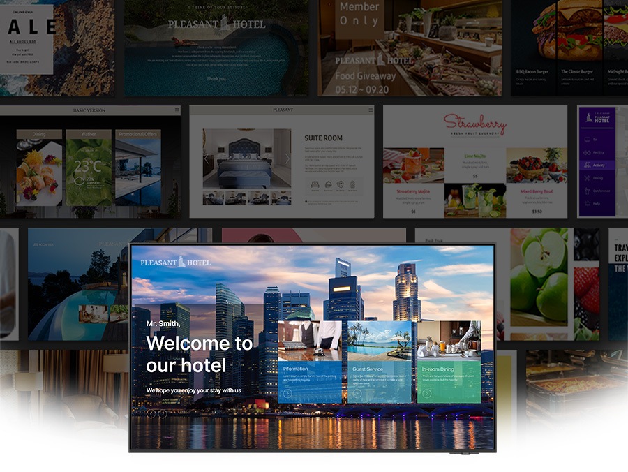 Behind the Hotel TV displaying a welcome message, various UX template examples are showcased.
