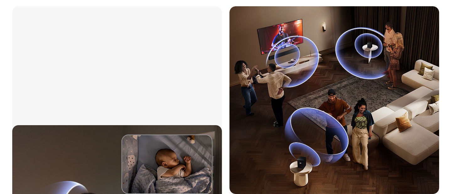 Couple sitting on sofa receive sound waves from rear speakers placed around them. In another space, a baby sleeps in a crib.