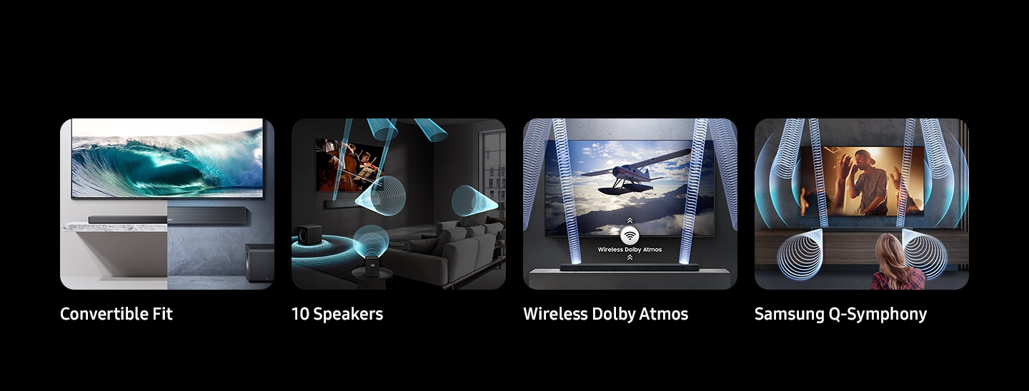 Convertible Fit, True 5.1.2ch Sound, Wireless Dolby Atmos, Q-Symphony are shown as the key features for QS750F.