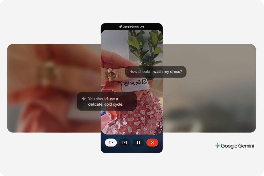 Google Gemini Live is active and the user is seeking laundry advice for their dress. Through the camera, the screen shows the care label, highlighting washing symbols. Google Gemini logo is at the bottom.