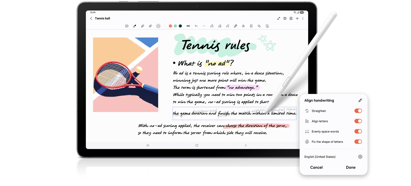 S Pen is used in Notes app on the screen of Galaxy Tab S10 Lite to automatically align the handwriting of a messy note using the Handwriting Help feature.