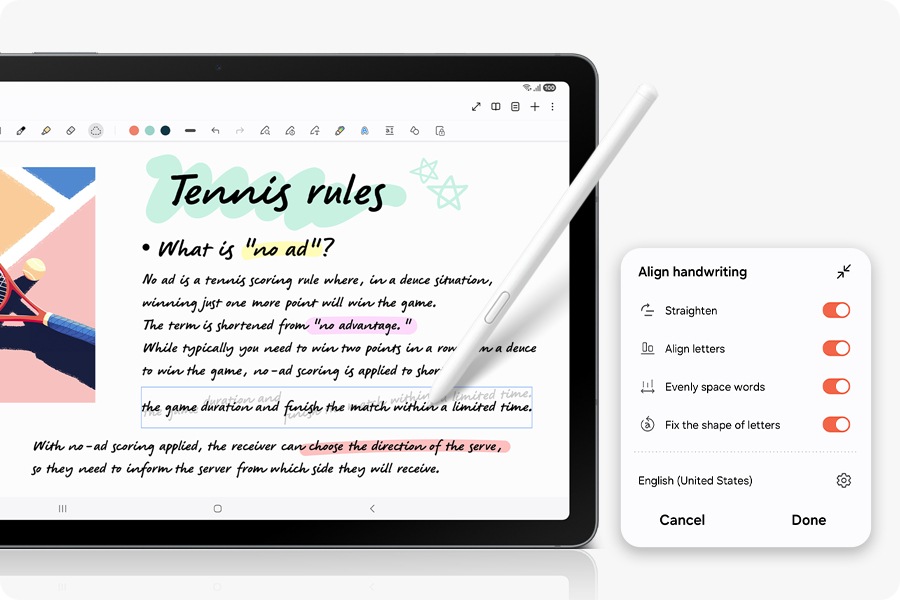 S Pen is used in Notes app on the screen of Galaxy Tab S10 Lite to automatically align the handwriting of a messy note using the Handwriting Help feature.