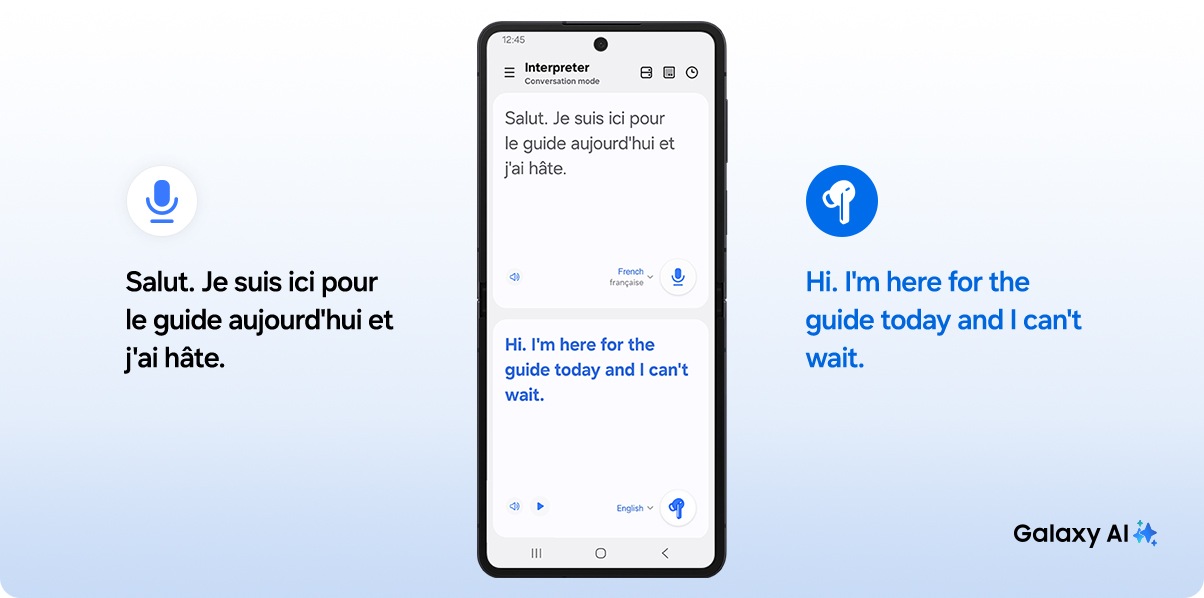 Galaxy AI icon next to Samsung Galaxy S25 with Interpreter open showing the French source text. Below the French source text is the English interpretation. The English interpretation shows Hi. I'm here for the guide today and I can't wait in written text.אוזניות אלחוטיות TWS Galaxy Buds3 FE R420 מבית Samsung