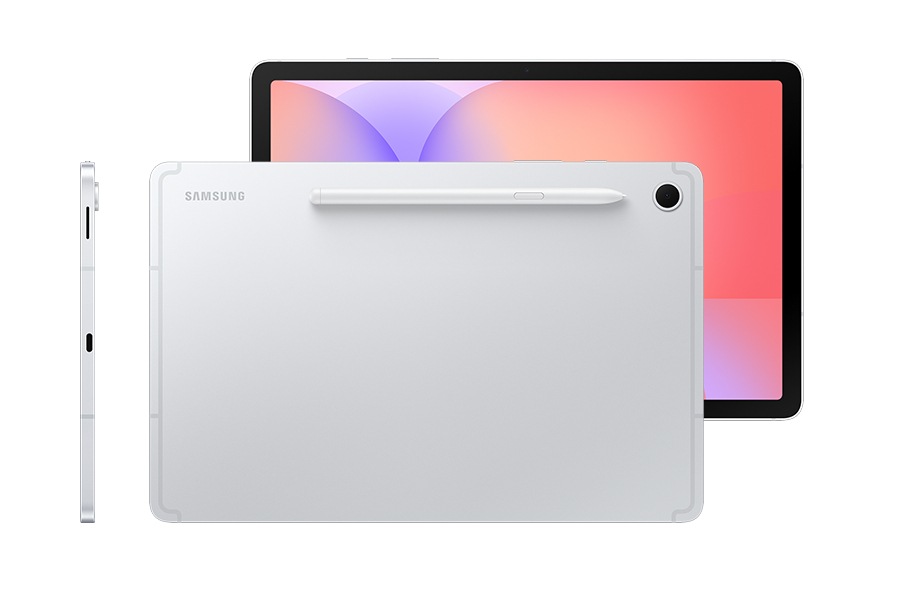 Galaxy Tab S10 Lite in Silver displayed horizontally with an S Pen magnetically attached to the top side, highlighting easy pen storage. Behind it, another Galaxy Tab S10 Lite in Silver shows a vibrant screen with colorful wallpaper, emphasizing the large display for immersive viewing. A side view showcases the sleek 6.6 mm thin design that sets it apart as a stylish, modern tablet.