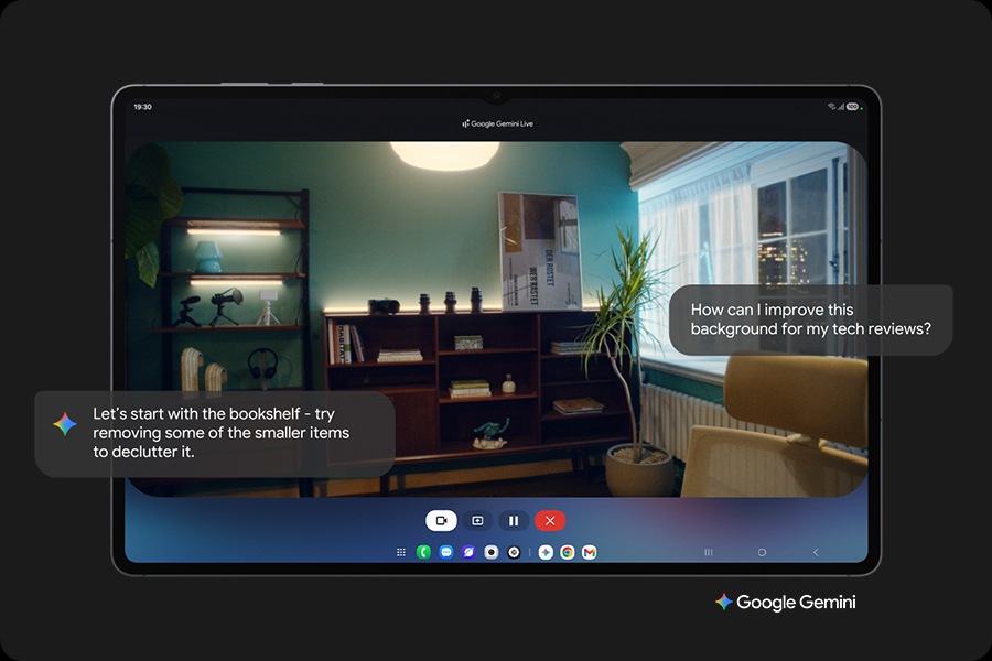 Galaxy Tab S11 is seen showing a webpage about the Korean dessert, bingsu, on the main screen. Using natural conversation, you can then ask Google Gemini about anything you see on the screen. Google Gemini logo is shown.