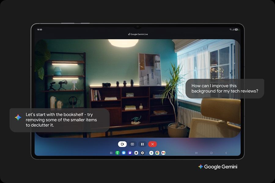 Galaxy Tab S11 Ultra is seen showing a webpage about the Korean dessert, bingsu, on the main screen. Using natural conversation, you can then ask Google Gemini about anything you see on the screen. Google Gemini logo is shown.