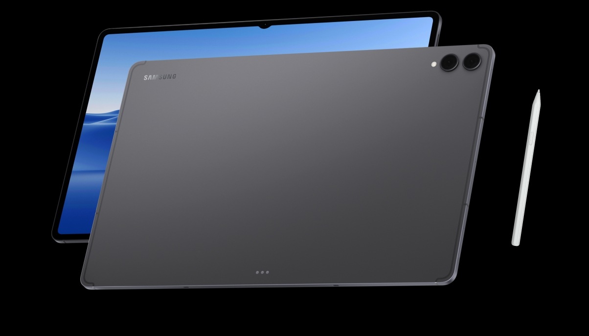 A Galaxy Tab S11 Ultra device in Gray angled to show its rear camera and S Pen, is placed in front of another Tab S11 Ultra device facing up with a colorful wallpaper on display, highlighting the sleek design.