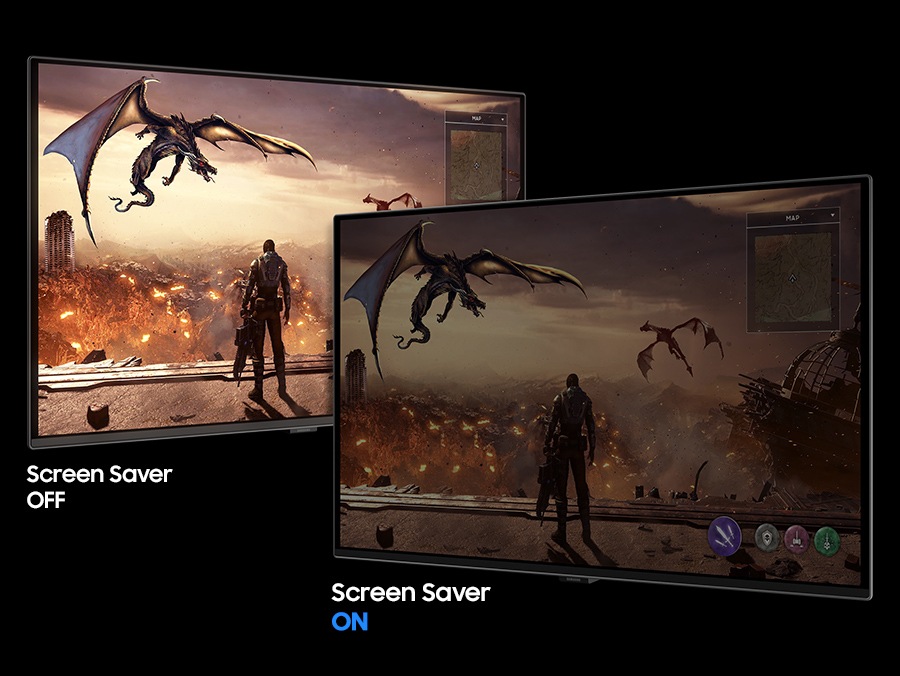 A bright and dimmed screen shows dragons flying above character. One reads "Screen Saver OFF" and other "Screen Saver ON." מסך מחשב גיימינג&nbsp; Odyssey OLED G6 G60SF QHD&nbsp;מבית Samsung