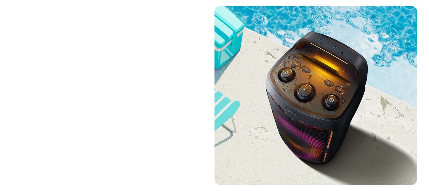 Sound Tower ST40F placed next to outdoor pool. It functions despite water having splashed onto it.