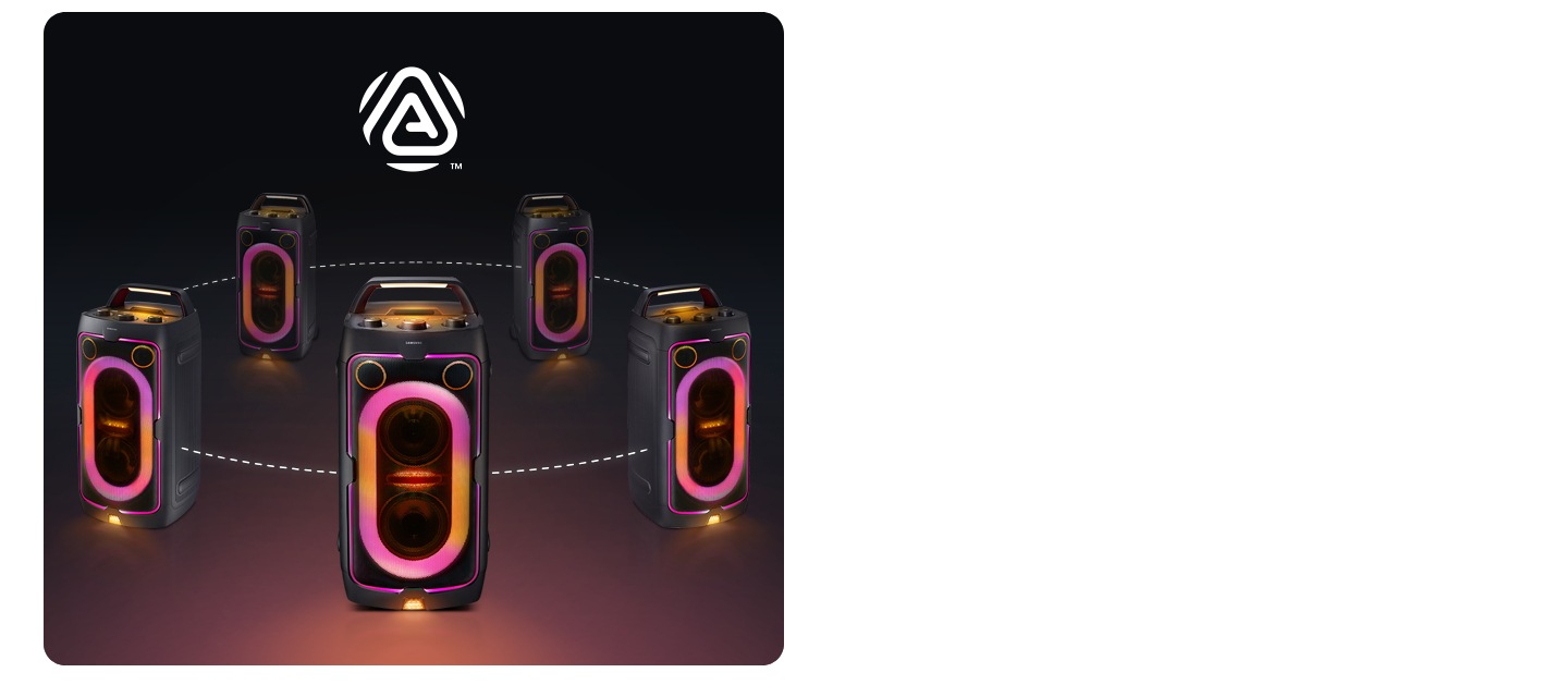 Five Samsung Sound Towers connected with dotted lines for Group Play with Auracast. Auracast logo.