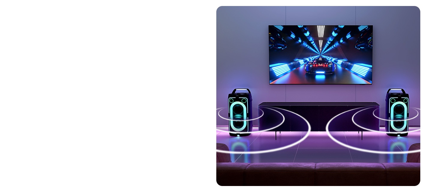 TV in living room displaying gaming scene plays sound via two connected Sound Towers on each side, as shown by soundwaves.