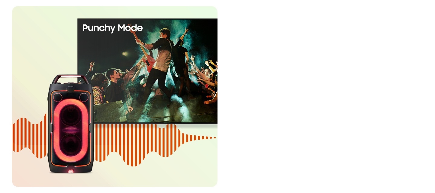 Samsung Sound Tower with soundwaves next to 3 types of concert scene shows how 3 Bass Modes can be used in different settings. Punchy Mode for live band music, Deep Mode for electronic music and Gentle Mode for classical music. The soundwaves coming from Sound Tower are different for each mode.
