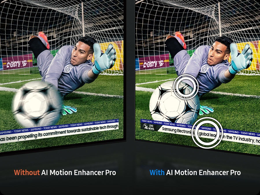 Воротар ловить футбольний м'яч. Без AI Motion Enhancer Pro кулька та текст виглядають розмитими. З AI Motion Enhancer Pro вони чіткі