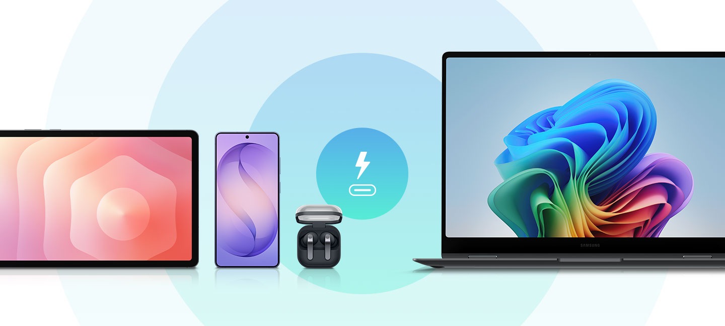 Galaxy Tab, Galaxy Smartphone, Galaxy Buds and Galaxy Book are placed next to each other with a USB-C port charging icon in the middle.