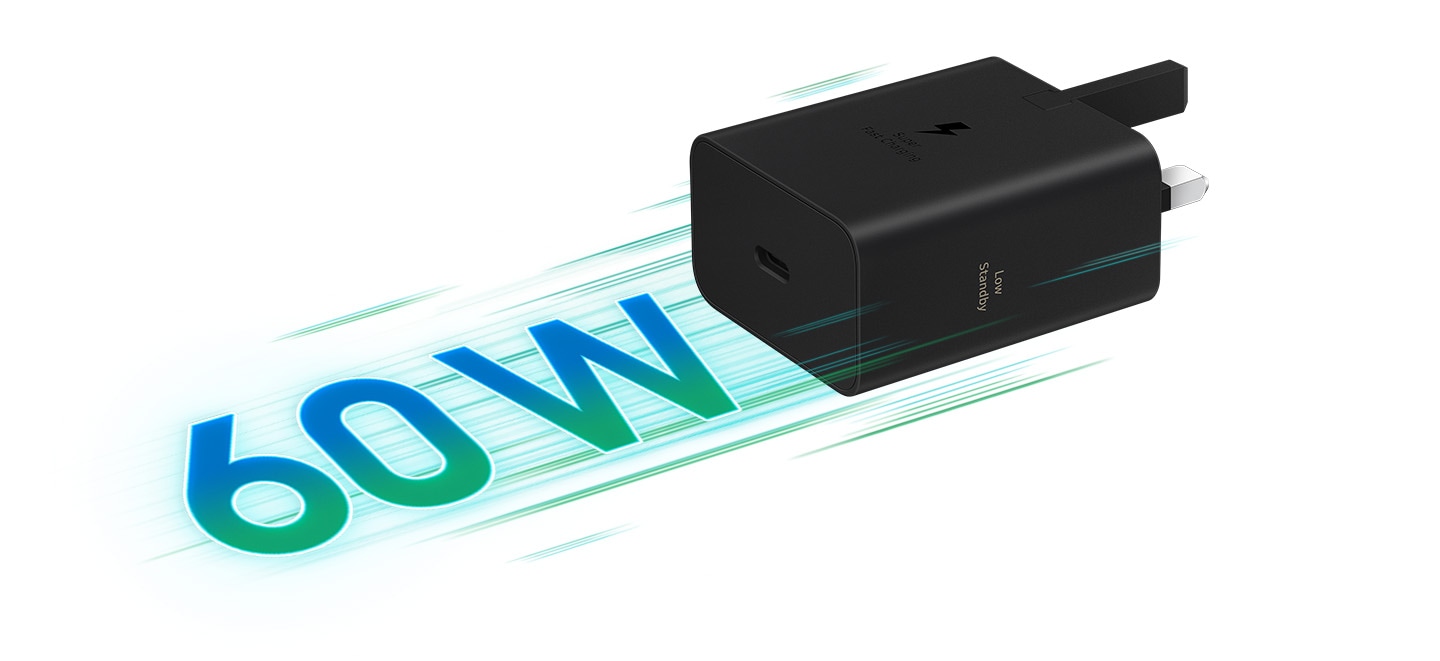A black 60 W Power Adapter is lying sideways as if moving forward with green streaks behind it and text '60 W'. Text on the Power Adapter reads 'Super Fast Charging' and 'Low Standby'.
