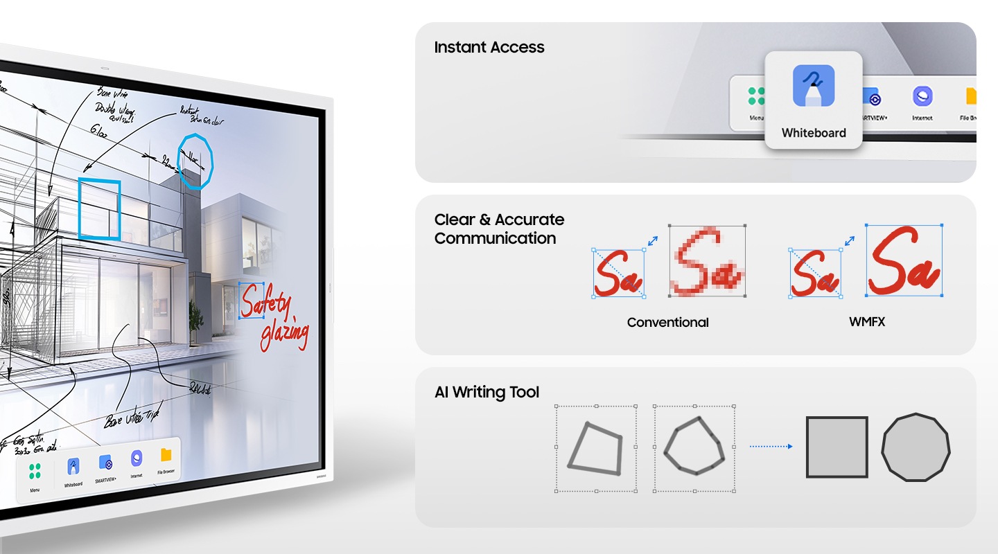 The Flip WMFX offers instant access to the Whiteboard app, allows for clear and accurate communication compared to conventional products when writing text and resizing it, and the AI writing tool automatically converts roughly drawn shapes into refined ones.