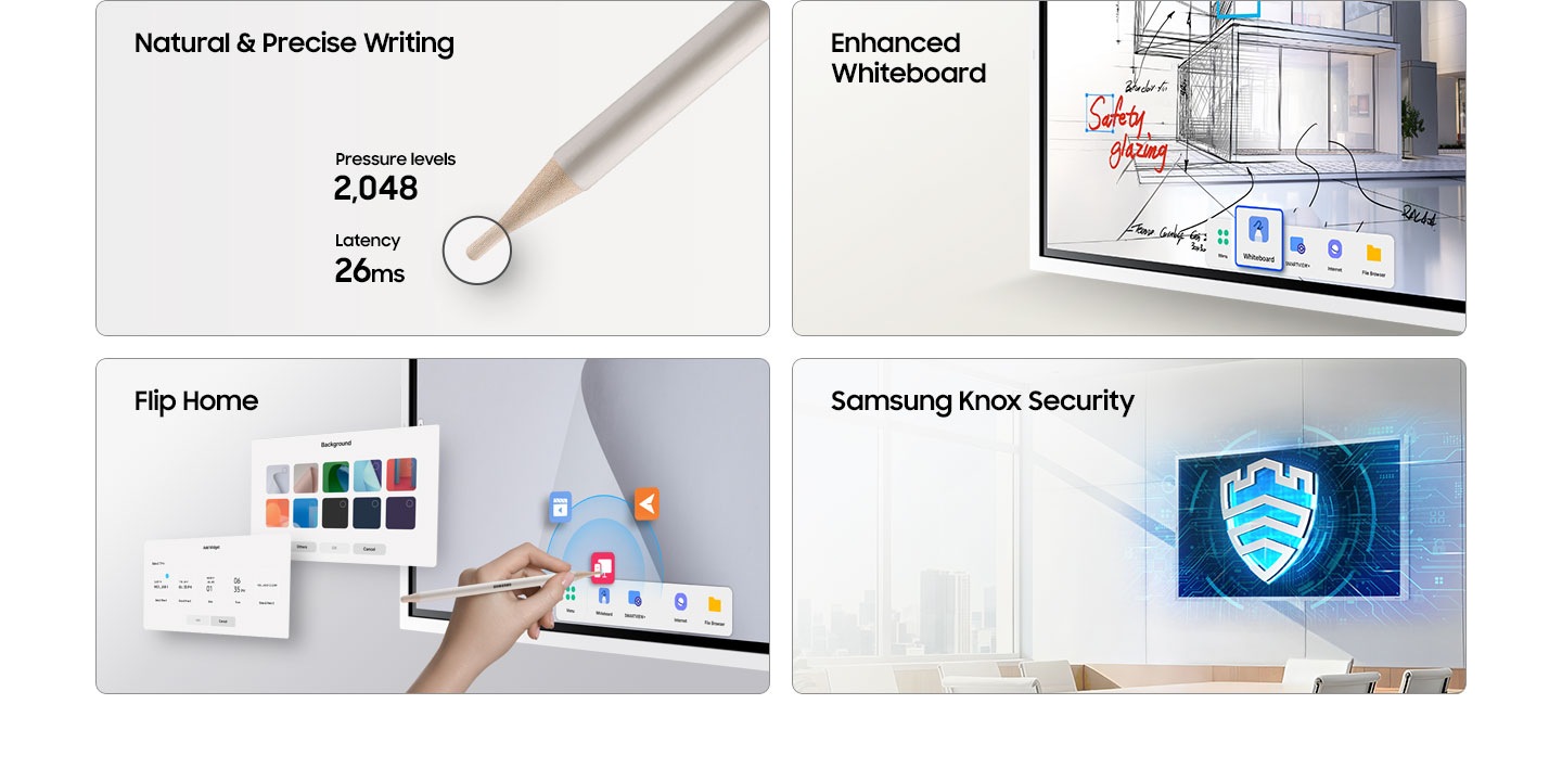 Four feature cards showcasing each feature : Natural & Precise Writing with 2,048 pressure levels and 26ms latency; Enhanced Whiteboard; Flip Home; Samsung Knox Security