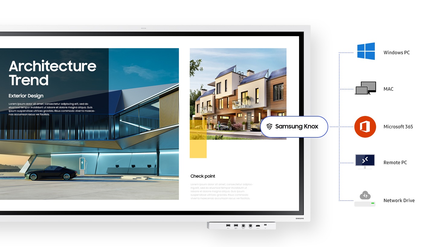The Flip, secured by Samsung Knox, can remotely connect to Windows PC, MAC, Microsoft 365, Remote PC, and Network Drive.