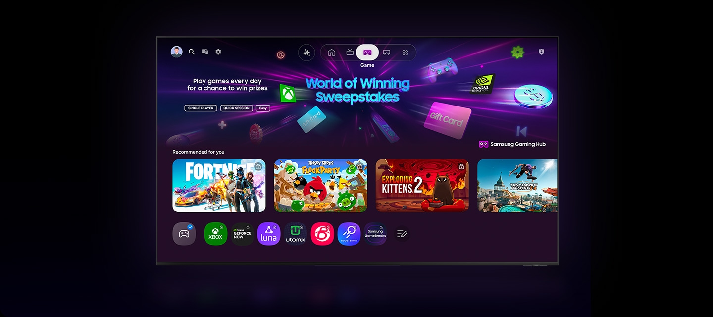A TV displays the Samsung Gaming Hub home screen, which has options for streaming and playing games.