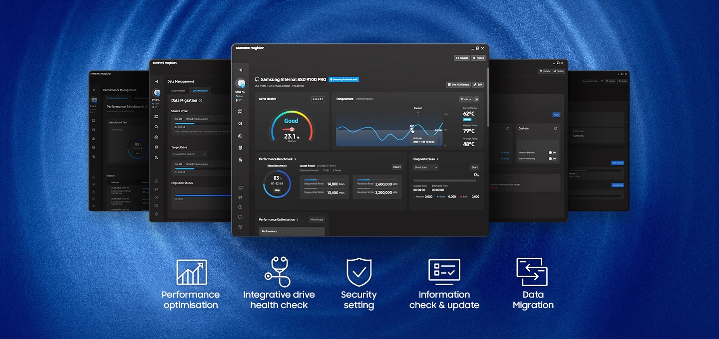 The Samsung Magation software UI appears and at the bottom is the performance optimization, integrative drive health check, security setting, information check & update, and Data migration logo.