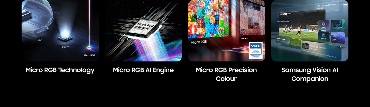 Karakteristikat kryesore të paraqitura me një shikim si Teknologjia Micro RGB me LED, Mini LED dhe Micro RGB. Motori Micro RGB AI. Micro RGB Precision Color 100 krahasuar me ekranin konvencional me logon VDE (Testuar 01/2026 Micro RGB Precision Color, www.VDEinfo.com, ID. 40060498, Testuar nga VDE Gjermania). Skenë e televizorit Samsung duke luajtur futboll. Përreth tij, shembuj të asaj që mund të bëjë Vision AI Companion, duke përfshirë ikona për Copilot nga Microsoft, Generative Sfond, Perplexity dhe AI ​​Mode, pyetje të përdoruesve dhe sugjerime për Përmbajtje të Ngjashme dhe 10 Pikat Kryesore të Lojtarëve.