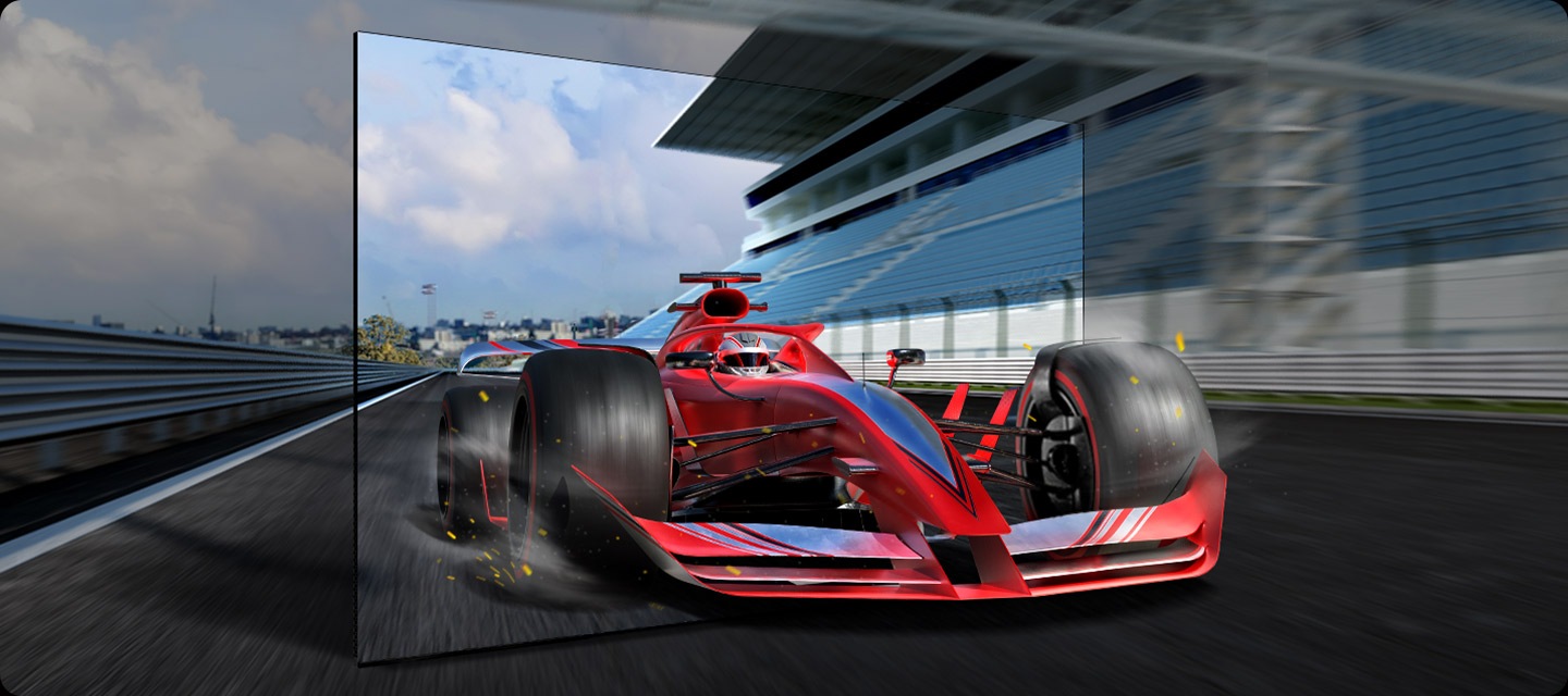 A racing game on the TV is so immersive that the race car is speeding out of the screen.