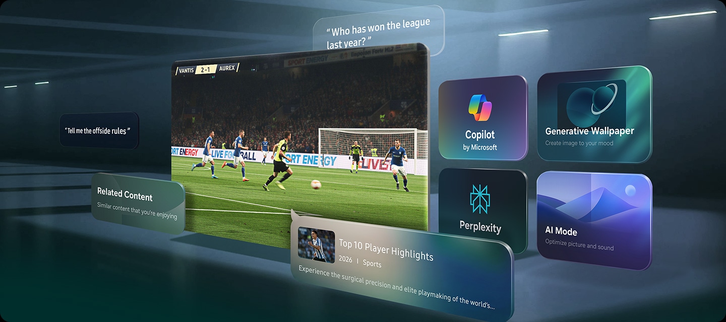 Samsung TV playing football scene. Around it, examples of what Vision AI Companion can do including icons for Copilot by Microsoft, Generative Wallpaper, Perplexity and AI Mode, user questions, and suggestions for Related Content and Top 10 Player Highlights.