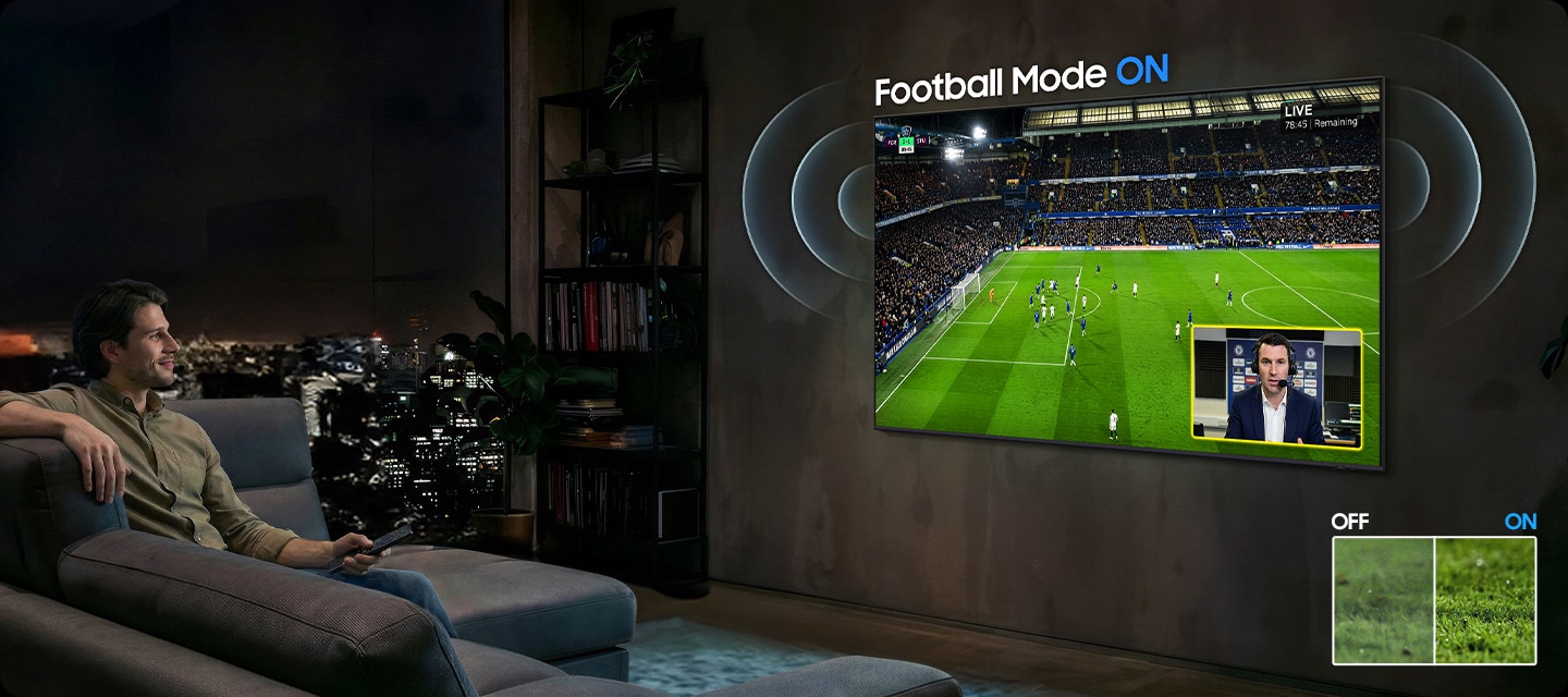 Man enjoys clear crowd and commentator sound with crisp, vibrant visuals with Football Mode ON compared to off on Samsung TV.