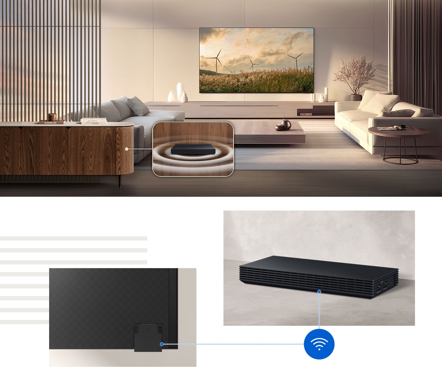 Wireless One Connect box in a cabinet. Another Wireless One Connect box connecting wirelessly to the…