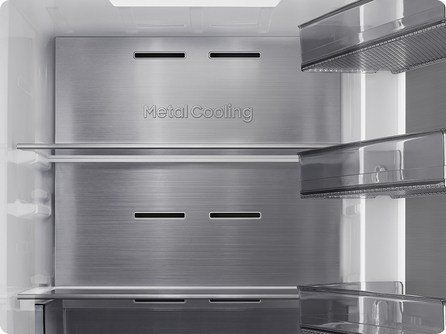 Metal cooling plates are visible inside the refrigerator.