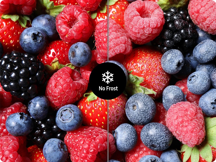 Blueberries and raspberries on the left appear fresh without frost with the No Frost feature, while those on the right are frozen.